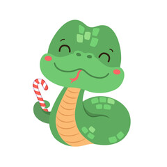 Cute snake kawaii character Chinese lunar new year symbol. Cartoon snake holding candy cane. Whimsical character oriental zodiac green snake isolated icon. Christmas and winter holiday fun design.