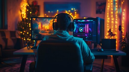 Gamer man with keyboard, mouse, and headphones seated on a chair in his gaming room with RGB led lights gaming on his computer console with keyboard, mouse, and headphones.