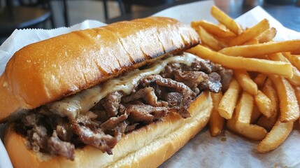 close-up of a classic Philly cheesesteak sandwich paired with a side of French fries featuring tender grilled beef melted cheese and a warm toasted roll with crispy fries on the side
