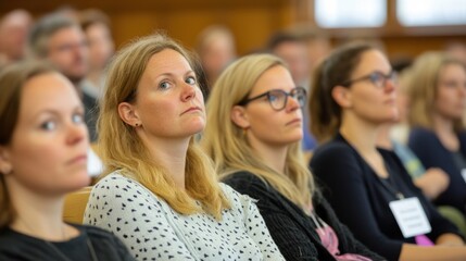 Attendees focus intently on the speaker, showing interest and engagement during a conference presentation
