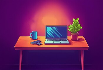 A wooden table with an open laptop, a cup of coffee, and a potted plant.