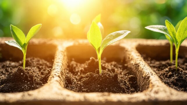 Fresh green seedlings emerge from brown planting trays, soaking up warm sunlight in a nurturing environment for growth