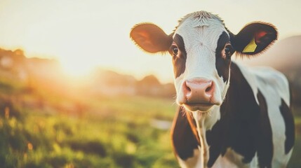 A friendly cow stands in a lush green field, basking in the soft golden light of sunset, inviting a sense of peace and harmony with nature