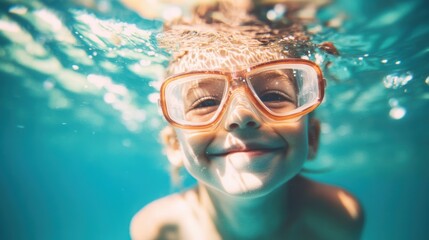 Fototapeta premium A joyful child swims underwater, grinning widely while wearing colorful goggles on a bright sunny day in the swimming pool
