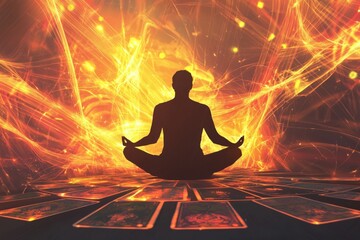 Meditation in a vibrant cosmic setting with tarot cards radiating energy during sunset