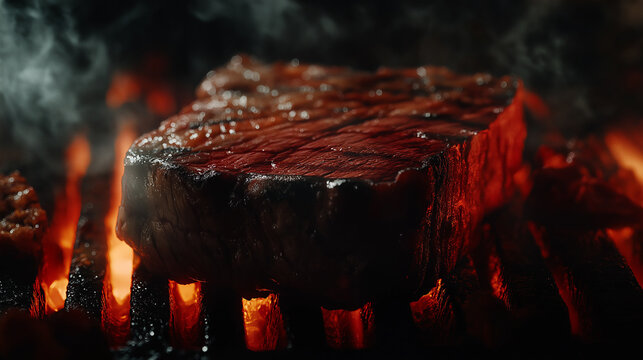 A close up of a piece of meat on a grill. The meat is brown and has a lot of smoke coming off it. Scene is intense and focused on the cooking process