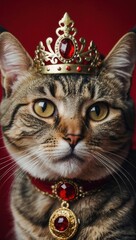 Cat wearing a crown and necklace with red gemstones, wide-eyed and regal-looking