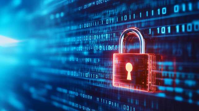 A high-tech digital padlock is depicted against a backdrop of binary code and overlapping futuristic circles on a clean blue and white background. The image represents advanced cyb