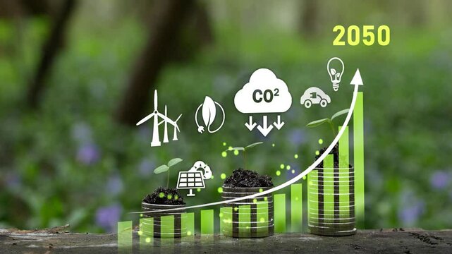 Green energy zero emission carbon co2 reduction graph charts,business virtual touch screen to show alternative energy growth.Net zero 2050.Corporate 4k video