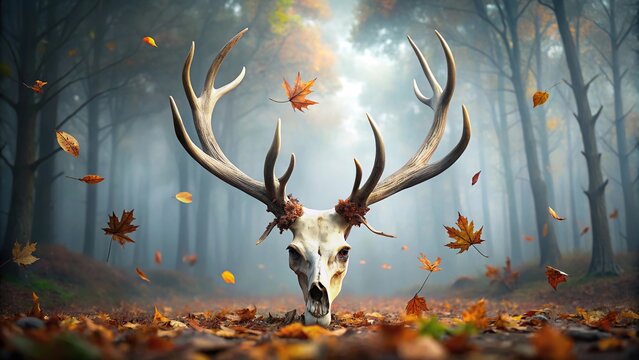 Forced perspective deer skull with autumn leaves in foggy forest - Powered by Adobe