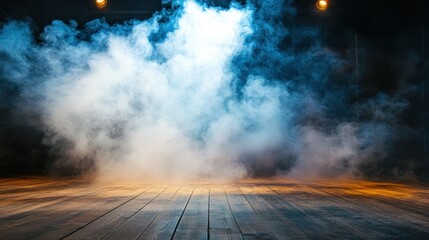 Blue and White Smoke Emitting from Two Overhead Lights Above a Wooden Floor