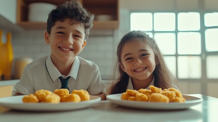 Two smiling children enjoy delicious plates of golden chicken nuggets in a bright kitchen during a...