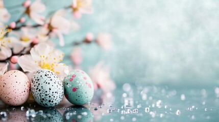 Fototapeta premium Delicately crafted Easter eggs are placed beside vibrant spring blossoms, creating a festive and cheerful atmosphere