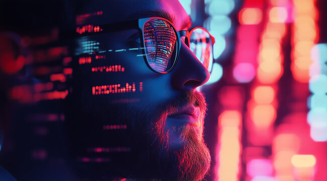 Software Developer Analyzing Code in a Futuristic, Neon-Lit Tech Environment
