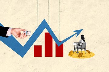 Composite trend artwork photo collage of trader business rich income graphics arrow up aged woman...