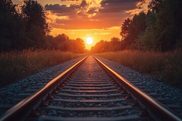 Obraz premium Golden sunset over a tranquil railway track through lush greenery at dusk