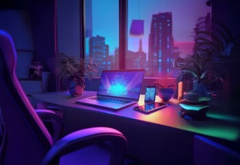 A desk with a laptop, smartphone, and plants in a room with a window overlooking a city at night. The scene is bathed in neon-like purple and blue light.