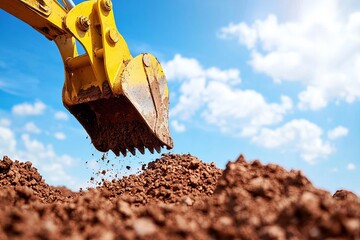 Excavator digging into a pile of dirt under a bright blue sky, showcasing heavy machinery in action for construction or landscaping projects.
