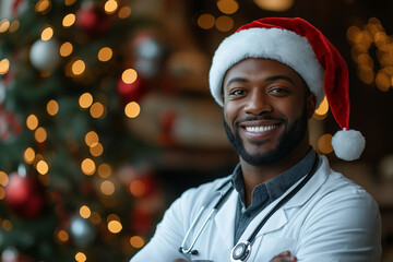 Smiling African American doctor wearing a Santa hat, standing in front of a festive Christmas tree with glowing lights. Suitable for holiday healthcare promotions, medical greeting cards