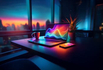 A laptop with glowing waves on the screen sits on a table next to a mug and a phone. The table is bathed in colorful light, with a sunset visible through the window.