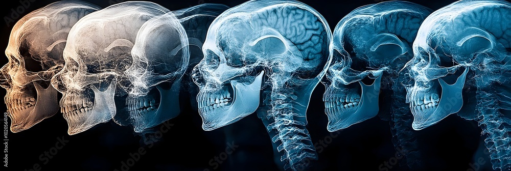 Poster detailed x-ray scans of human skull revealing intricate structures of the brain and skeletal anatomy