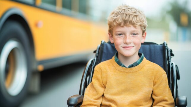 A cheerful boy in a wheelchair waits by the roadside with a hopeful expression, eager for the school bus to arrive
