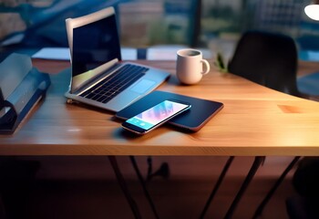 A close-up of a wooden desk with a laptop, smartphone, and a coffee mug.