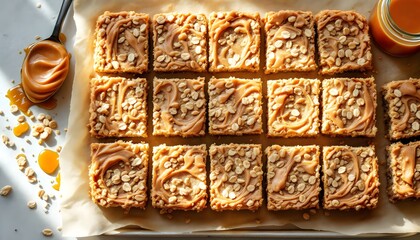 No-Bake Peanut Butter Oat Bars with a Swirl of Caramel on Parchment Paper