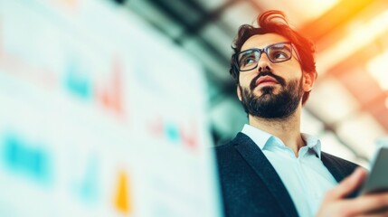 A businessman participates in a virtual meeting with colleagues, reviewing analytics and reports in a contemporary office environment