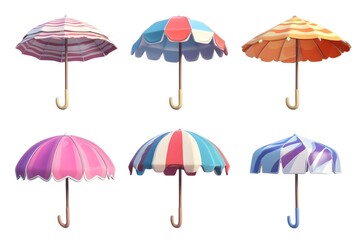 Vibrant Collection of Cartoon Style Beach Umbrella Icons and Objects on Transparent Background