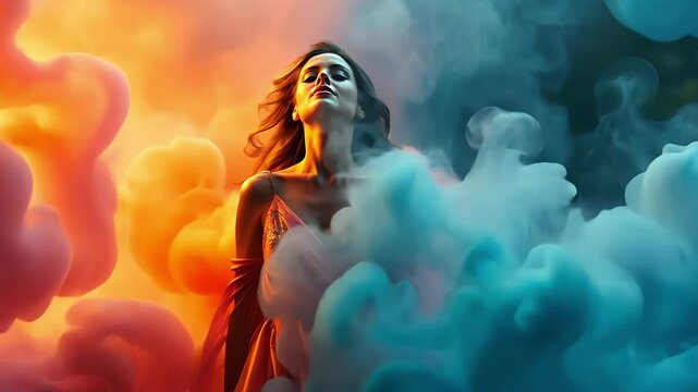A young woman surrounded by clouds and smoke. Beauty concept. Created with Generative AI.	
