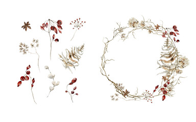 Watercolor floral elements and winter frame. Hand painted wreath of dried forest leaves, flowers, branches, red berries, fir cone. Botanical border for card design, print.