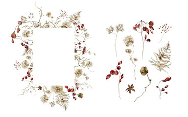 Watercolor floral elements and winter frame. Hand painted wreath of dried forest leaves, flowers, branches, red berries, fir cone. Botanical border for card design, print.