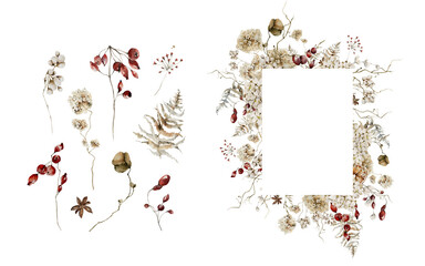 Watercolor floral elements and winter frame. Hand painted wreath of dried forest leaves, flowers, branches, red berries, fir cone. Botanical border for card design, print.