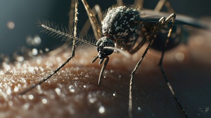 An extreme closeup view of a mosquito biting a persons arm