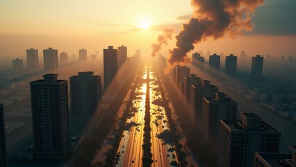 Fototapeta premium A dramatic cityscape at sunset showing a major urban disaster. Smoke billows from a fire in the foreground, while a long avenue lined with buildings leads to a distant skyline. The golden light of the
