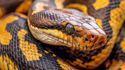 Obraz premium A large snake with a black and yellow pattern on its skin in a close-up shot. The scales look textured and shiny. The snake's intense gaze and vibrant skin colors create a striking effect