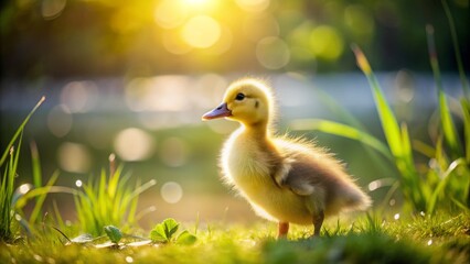 Obraz premium A sweet little duck chick explores its natural surroundings, radiating joy and innocence. Ideal for creative endeavors, with ample copy space to express your ideas.