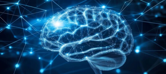 Obraz premium Abstract Glowing Blue 3D Rendering of a Human Brain with Neural Networks on a Dark Background