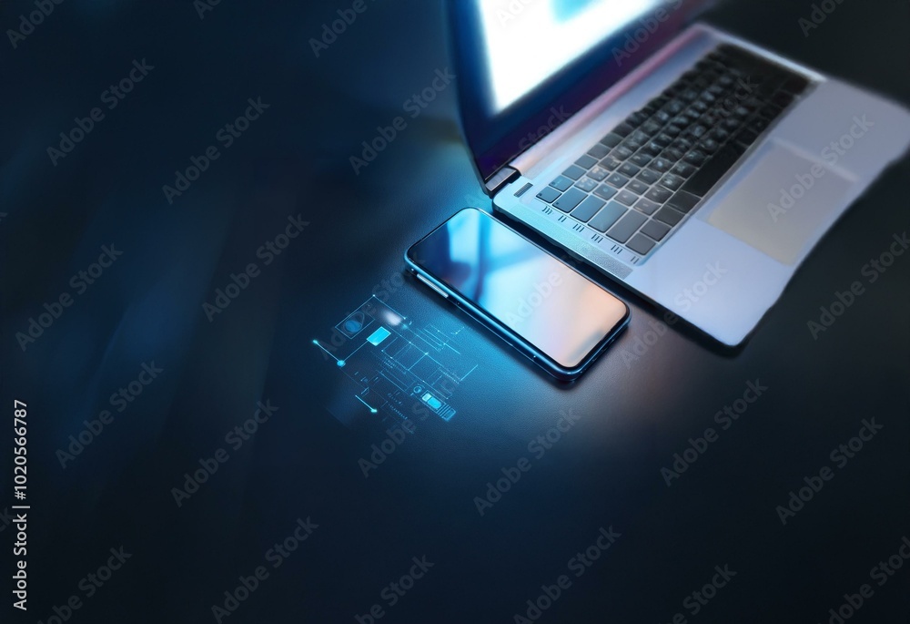 Poster a dark blue background with a laptop and smartphone placed on the surface, glowing blue lines and sh