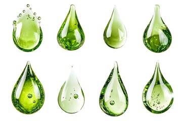 Green Water Droplets Collection Isolated on White Background Minimalist Natural Organic Texture
