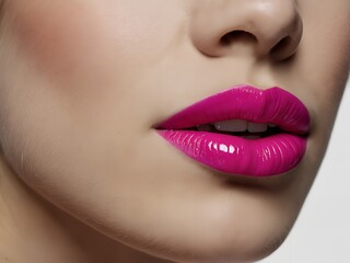 Obraz premium Close-up of the lower half of a person's face. Smooth, fair skin and wearing a vibrant, glossy pink lipstick. The lips are slightly parted, revealing a bit of teeth,