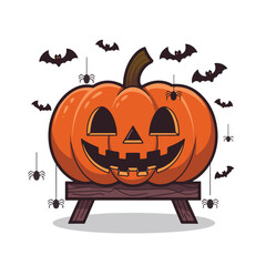 Halloween Pumpkin Vector Illustration with Bats and Spiders Cartoon style Isolated on white backgrou