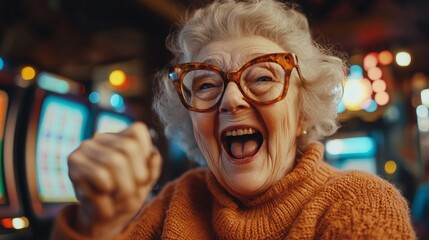 Obraz premium cheerful elderly woman participating in a bingo game with friends smiling and having a wonderful time during a relaxing leisure activity that brings joy and excitement to her retirement life