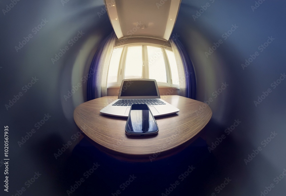 Poster a fisheye lens view of a wooden table with a laptop and a cell phone near a window with white blinds