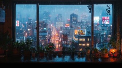 plants on a desk creating a cozy indoor scene with a view out the window into a rainy cityscape showcasing the blend of nature and urban life on a peaceful rainy day