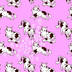 Seamless pattern on a pink background featuring cute white cats with brown spots in various poses: standing, lying, walking, purring. Ideal for decorating textiles