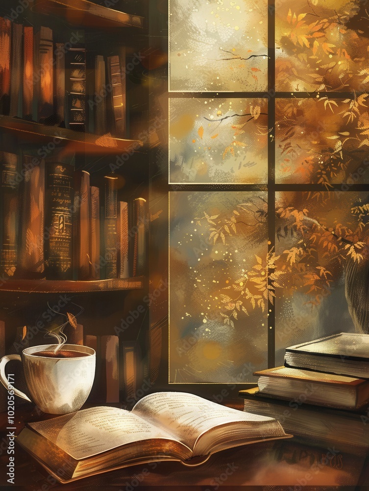 Poster a warm atmosphere surrounds an open book and a steaming cup of coffee, with golden sunlight filterin