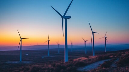 Wind turbines rise through the fog during sunset, blending nature and technology in a soft glow.