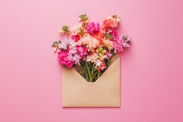 Obraz premium A colorful envelope brimming with vibrant flowers against a pink background